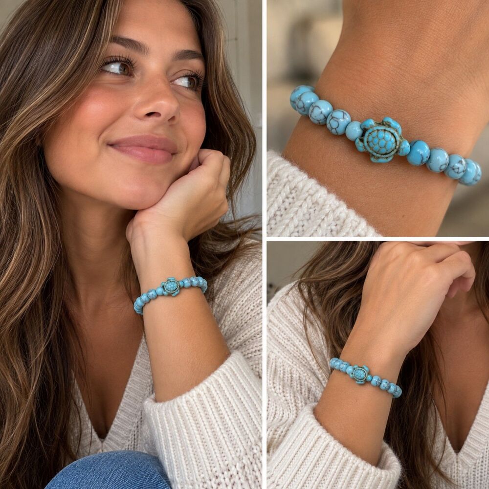 Turquoise Turtle Beaded Stretch Bracelet Boho Southwestern Beach Coastal Jewelry